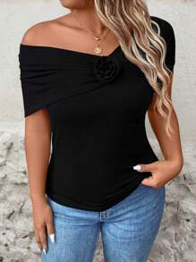 SHEIN Clasi 大尺碼女士夏季實色修身T卹，附3D花卉裝飾和不對稱領口 - 黑色 - 查看 6