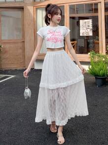 DAZY Váy chữ A họa tiết hoa ren định hình eo cho nữ, thường ngày ngày lễ, bèo nhún - trắng - Xem 6