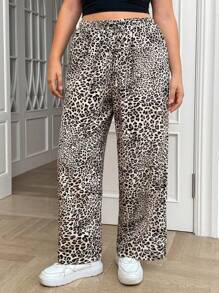 SHEIN EZwear Plus Size Women's Leopard Print Wide Leg Woven Fabric Casual Daily Commute Fashionable High Waisted Loose Pants With Pockets - Multicolor - View 4