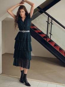 MOTF PREMIUM SOLID SURPLICE NECK LAYERED RUFFLE HEM PLISSE DRESS