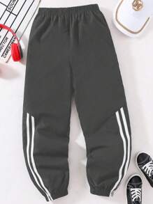 SHEIN Tween Boy All-Match Asymmetrical Striped & Printed Pants With Side Stripes - Grey - View 1