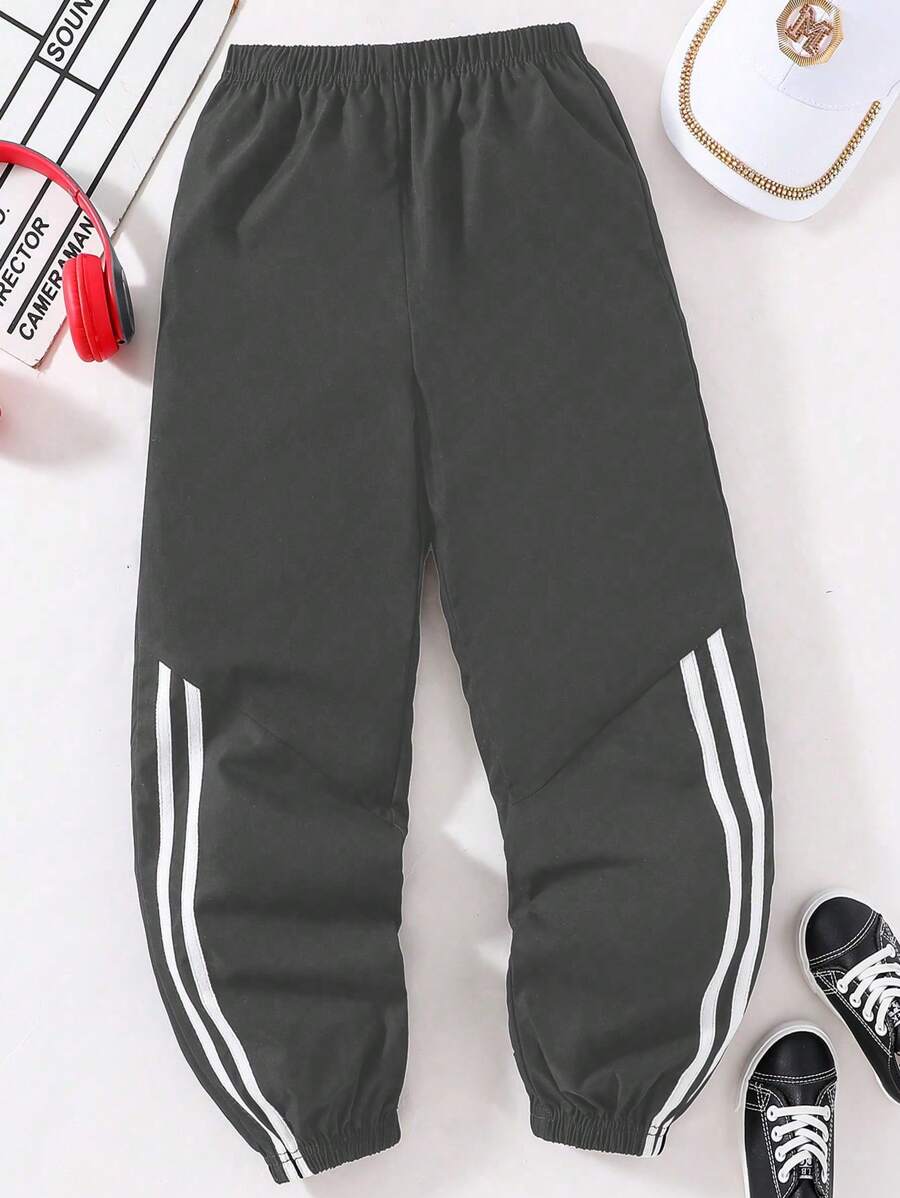 SHEIN Tween Boy All-Match Asymmetrical Striped & Printed Pants With Side Stripes - Grey - View 1