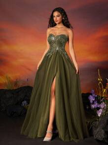 VIPGIRL 高端奢华手工刺绣串珠晚礼服，具有独特感，优雅正式舞会婚礼宾客礼服，适合毕业典礼、晚宴 - 軍綠色 - 查看 1