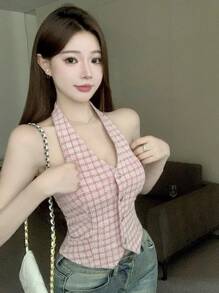 DAZY Valentine's Day Pink Plaid V-Neck Halter Party & Back To School Tank Top For Women