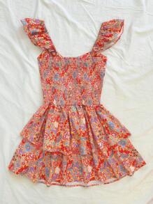 Soleia WYWH女裝波西米亞風格多色印花雙層荷葉邊搖擺裙，藍紅色，適合度假 - 彩色 - 查看 2