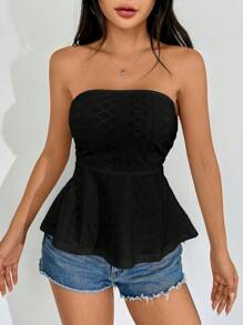 SHEIN EZwear 镂空刺绣纯色荷叶边抹胸上衣 - 黑色 - 查看 4