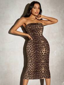 SHEIN SXY Damska sukienka typu bodycon z dzianiny w panterkę, na co dzień, bez ramiączek - Brązowy - Zobacz 4