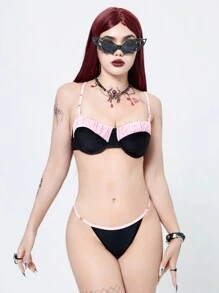 ROMWE Goth Women's Bikini Set With Spaghetti Strap, Backless Ruched Top And Sexy Thong Bottoms Summer Beach - Multicolor - View 7