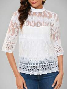 SHEIN Clasi Damenmoden für den Herbst, besticktes Mesh-Spitze-Hochzeits-Frenchy-Frauen-Old-Money-Stil-Lehrerin T-Shirt-Top