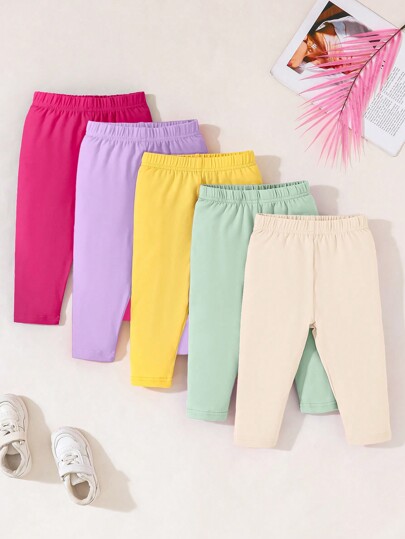 SHEIN Playful Pals 5pcs Baby Girls' Casual And Comfortable Bottoms, Everyday Essential Leggings For Spring And Summer