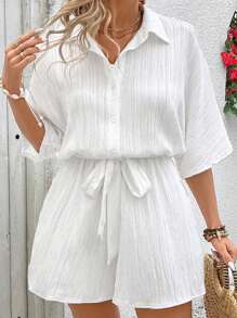 SHEIN VCAY 加大號蝙蝠袖打結前衣褲套裝