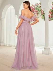 Mgiacy Off-Shoulder Romantic Floral Embroidery Mesh Splice Dress With Ruffled Sleeves - Pink - View 2