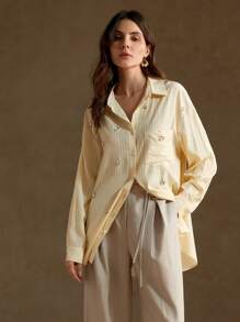 Anewsta Oversized Striped Rhinestone Decorated Loose Shirt For Urban Commute - Yellow - View 3