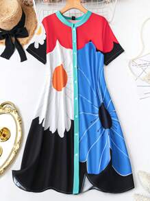 SHEIN LUNE Plus Size Holiday Casual Color Block Flower Printed Front Button Dress - Multicolor - View 1