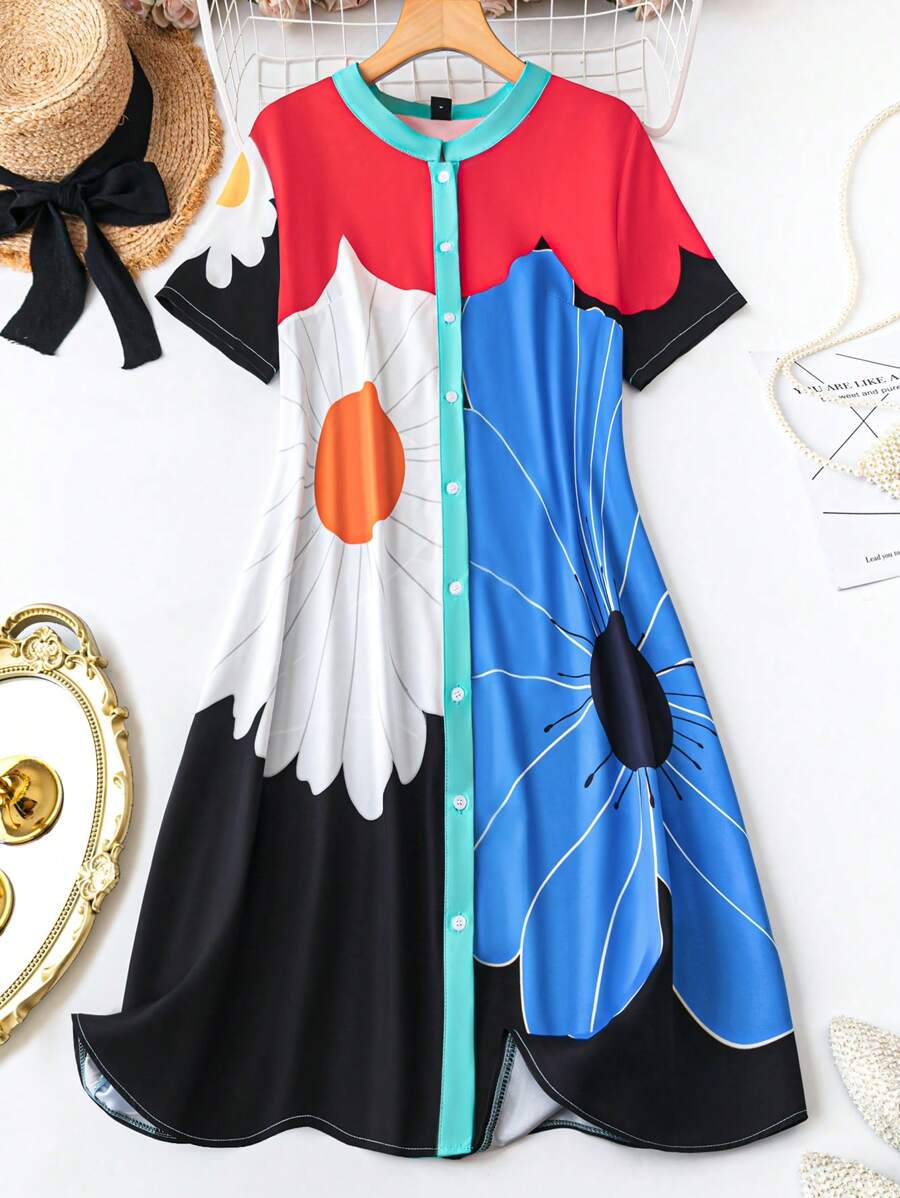 SHEIN LUNE Plus Size Holiday Casual Color Block Flower Printed Front Button Dress - Multicolor - View 1