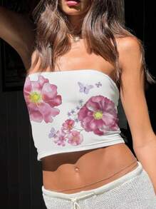 SHEIN ICON 女士花卉印花筒領上衣，短款