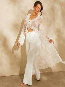 L'Amorae Lace Ruffle Tie Overlay Jumpsuit - White - View 7