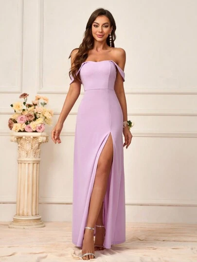 SHEIN Belle Solid Color Off Shoulder Slit Bridesmaid Dress (Adult) Elegant Formal Evening Prom Wedding Guest Gown, For Graduation, Dinner Party Dress