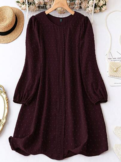 Calvaya Plus Size Holiday Leisure Solid-Colored Dress With Textured Lantern Sleeves, Women Outfit Fall Cloth For Women