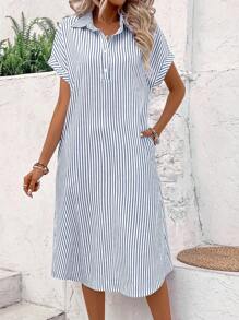SHEIN LUNE Women's Striped Printed Simple Daily Short Sleeve Dress
