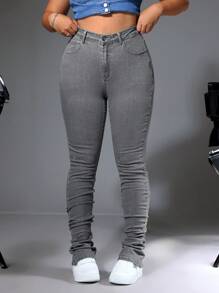 SHEIN ICON Celana Jeans Wanita Ukuran Besar Model Slim Fit Berkerut dengan Kantong, Kasual, Warna Abu-abu - Light Grey - View 1