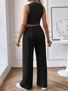 SHEIN Maternity Solid Tank Top & Adjustable Waist Wide Leg Pants - Black - View 2