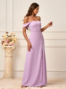SHEIN Belle Solid Color Off Shoulder Slit Bridesmaid Dress (Adult) Elegant Formal Evening Prom Wedding Guest Gown, For Graduation, Dinner Party Dress
