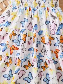 Young Girl's Woven Butterfly Pattern Off Shoulder Ruffle Hem Holiday Dress - White - View 4