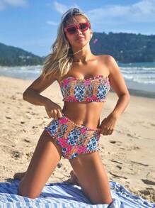Swim Vcay Women's Summer Beach Ditsy Floral Frill Bandeau Bikini Set - Multicolor - View 7
