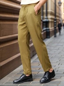 Manfinity VCAY Pantalones de traje de vestir tejidos para hombre con cintura media, corte recto largo y unicolor, adecuados para uso diario en primavera y verano.