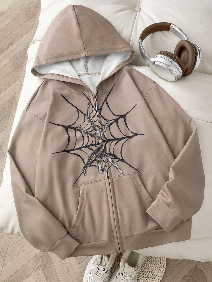 SHEIN Tween Girl Casual Street Style Spider Hooded Zip-Up Sweatshirt For Vacation - Coffee Brown - View 1