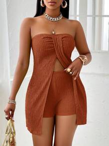 Zolique 純色紋裝細肩帶無袖上衣和短褲套裝，經紋設計，適用於家居休閒、海邊假期、沙灘旅行 - 棕色 - 查看 4