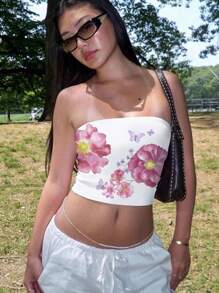 SHEIN ICON 女士花卉印花筒領上衣，短款