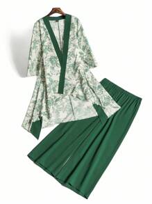 Mulvari Plus Size Flower Allover Print Patchwork Jacket And Bottom Two-Piece Set, Retro Casual Vintage Fashion Loose Set Spring Summer, Longline Modest Set