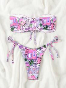 SHEIN Swim Women's Summer Beach Palm Tree Printed Bandeau Hollow Out Halter Bikini Set - Mauve Purple - View 2