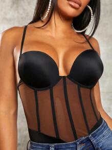 SHEIN SXY Contrast Mesh Bustier Cami Bodysuit - Multicolor - View 4