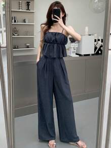 DAZY Bộ áo hai dây đơn giản màu trơn và quần dài cho nữ, mặc hàng ngày 2 món, nhún bèo - Màu xanh lam - Xem 9