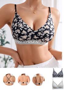 2pcs Women's Printed Bra Set With Spaghetti Strap, Casual & Comfortable, Open Back Design