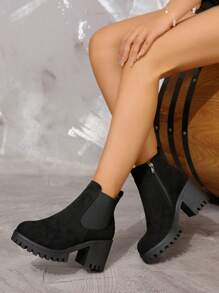 Women's New Style Boots Spring Autumn Winter Black Minimalist Side Zipper Round Toe Wedge Heel Thick Platform Faux Suede Chelsea Ankle Boots Fashionable Comfortable Elegant Short Boots - Black - View 5