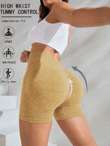 Easithlete Women's High Waisted Tight Sports/Outdoor Shorts, Solid Color, Simple And Fashionable - Mustard Yellow - View 2