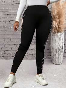 EMERY ROSE Plus Size Women's Printed Patchwork Leggings, Tight-Fitting Pants