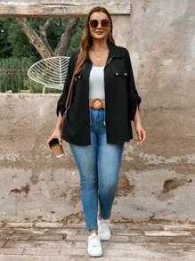 EMERY ROSE Plus-Size Fall Women Clothes Black Cargo Style Style Teacher Shirts With Pockets And Zipper For Autumn & Winter Tops With Sleeves Business Casual Woman Work Blouse Business Blouse - Black - View 4