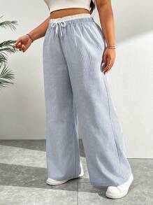 SHEIN EZwear Pantaloni largi, casual, cu dungi, albastru și alb, pentru vacanță - Albastru si alb - Vizualizare 4