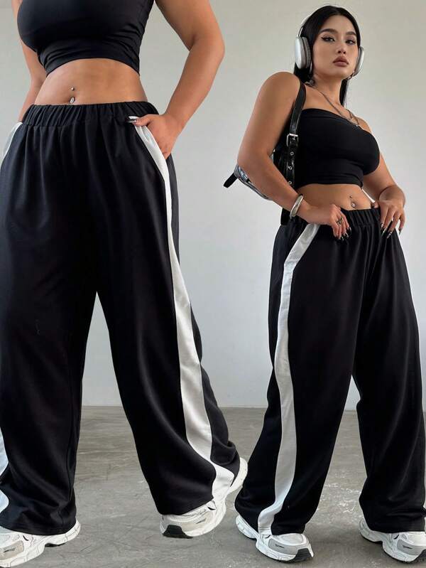 POPSWAY Pantaloni de damă de mărime mare, la modă, simpli, largi, alb-negru, bloc de culoare
