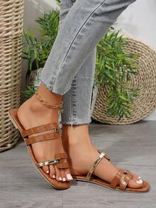 Sandálias Planas Casuais Femininas, Sapatos Confortáveis Slip-On, Primavera/Verão - Castanho - Visão 2