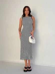 SHEIN EZwear Summer Casual Black And White Striped Lace-Up Back Slim Fit Sleeveless Dress - Black and White - View 4