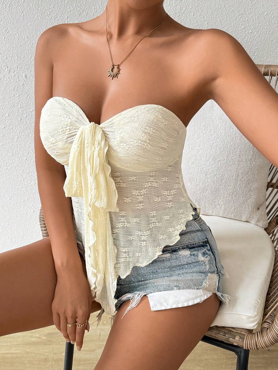 SHEIN LUNE Women's Solid Color Front Knot Slim Fit Strapless Top, Vacation Style - Apricot - View 1