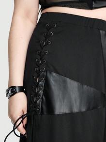 ROMWE Goth 大尺碼女裝PU交叉拉繩裝飾側邊裙 - 黑色 - 查看 2