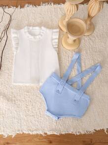 Baby Girl Simple Ruffle Trim Sweater Vest & Criss Cross Knit Shorts - Blue and White - View 1