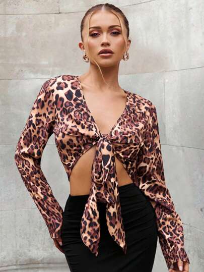 Zolique Leopard Print Tie Front Crop Blouse  Crop Women Tops Fall Cloth For Women